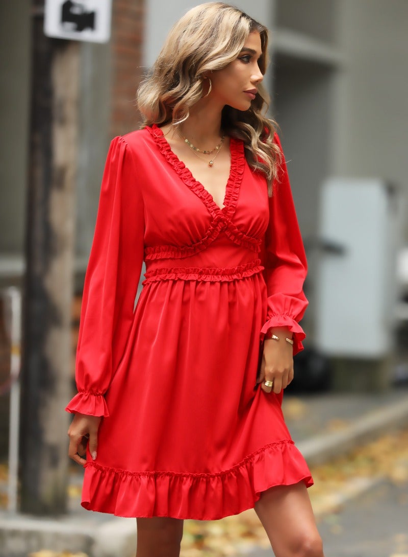 RED Plain/Basic Long Sleeve Dress