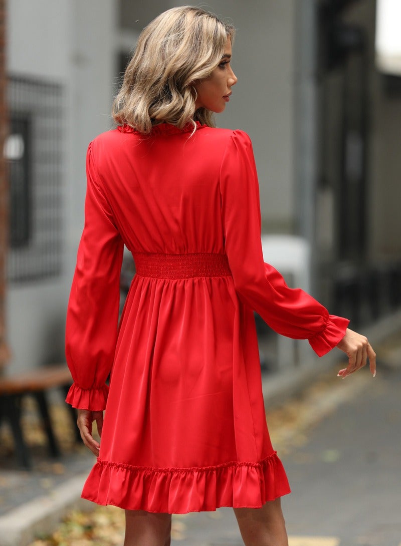 RED Plain/Basic Long Sleeve Dress