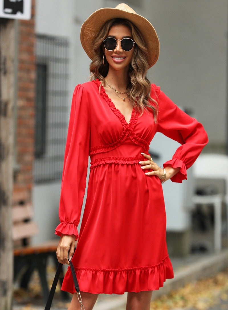 RED Plain/Basic Long Sleeve Dress