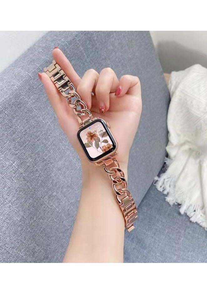 Elegant Metal Denim Chain Band style Apple Watch Band for 42/44/45mm, Compatible with iWatch Series 9/8/7/SE/6/5/4/3/2/1(Rose Gold)
