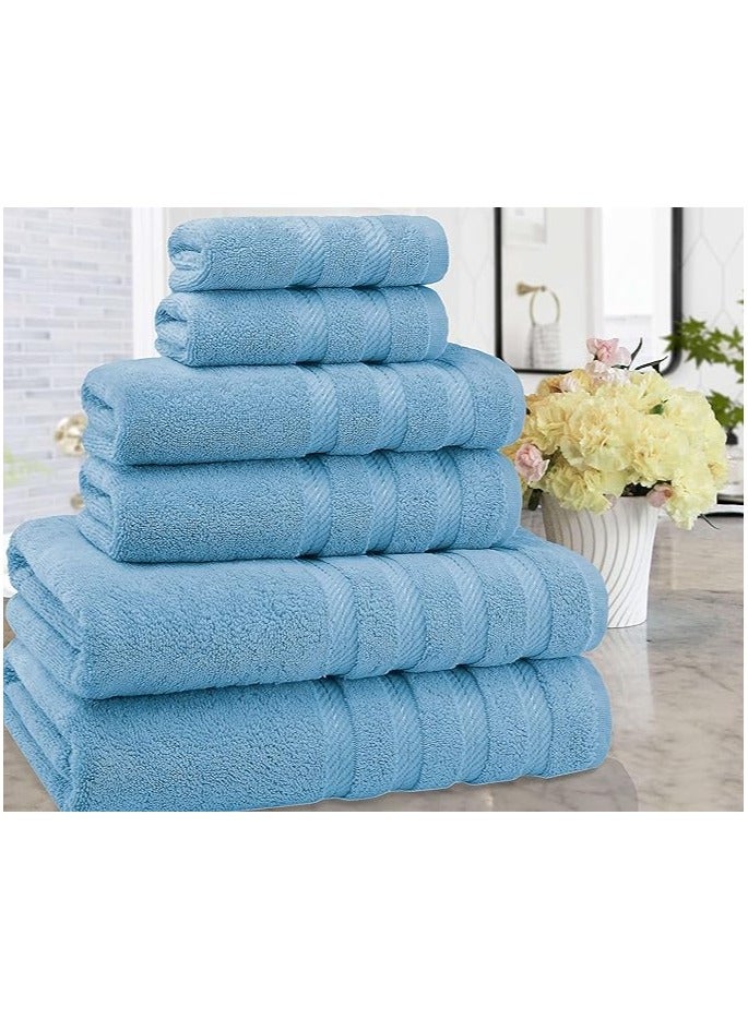 Towel Set Luxury Hotel Quality 600 GSM Genuine Combed Cotton, Super Soft & Absorbent Family Bath Towels 6 Piece Set -  2 Bath Towels, 2 Hand Towels, 2 Washcloths - Sky Blue