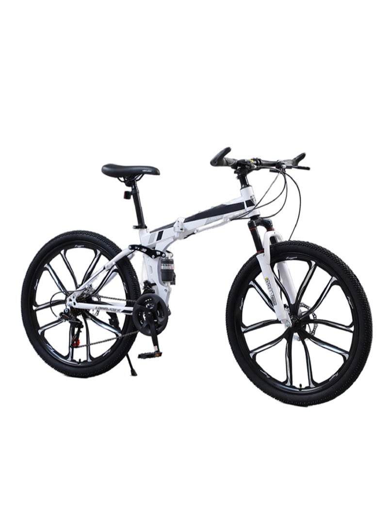 26 Inch Folding Mountain Bike, 24 Speed Full Suspension Bicycle with High-Carbon Steel, Dual Disc Brake Non-Slip Quick Release tire Folding MTB for Adults/Men/Women