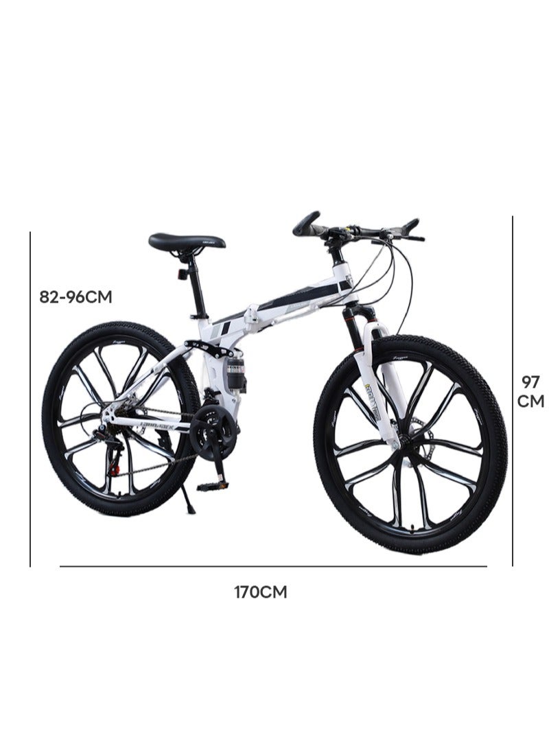 26 Inch Folding Mountain Bike, 24 Speed Full Suspension Bicycle with High-Carbon Steel, Dual Disc Brake Non-Slip Quick Release tire Folding MTB for Adults/Men/Women