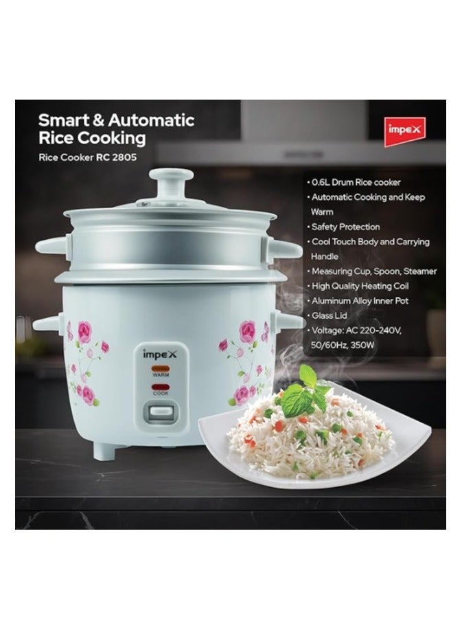 Electric Rice Cooker, Drum Cooker, Automatic Cooking, Keep Warm, Safety Protection, Cool Touch Body, Carrying Handle, Measuring Cup, Spoon, Steamer 1.5 L 500 W RC 2802 Multicolour