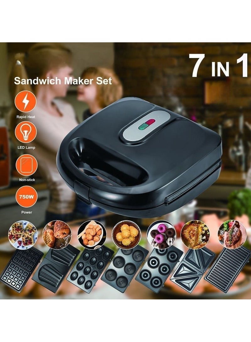 7 in 1 Multifunctional Sandwich Maker with Non-Stick Interchangeable Plates for Grill, Toaster, Pancakes, Cookies, Waffles, Donuts, Cupcakes - Dishwasher Safe