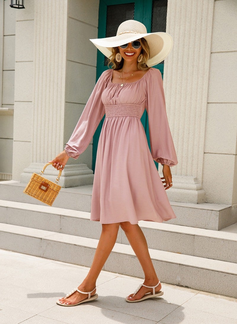 Pink Plain/Basic Long Sleeve Dress