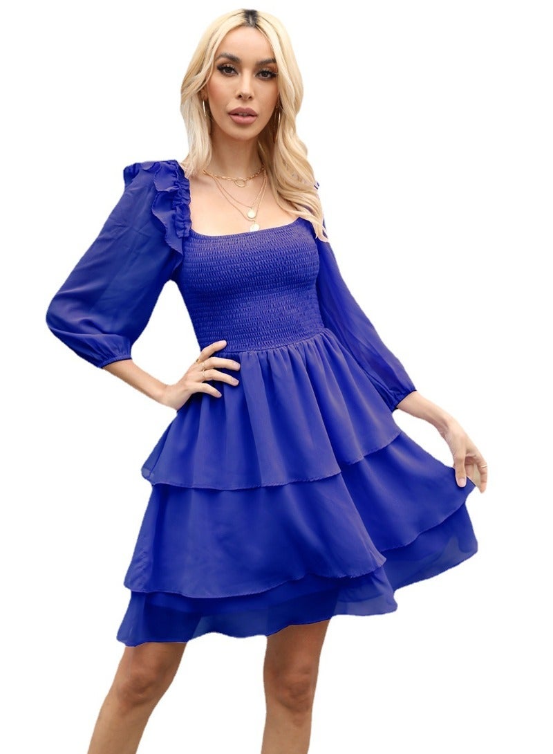 Blue Plain/Basic Three-Quarter Sleeve Dress