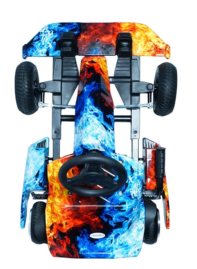 Kids Electric Go Kart Up to 65Kg Riders, 20KM/Hr, Wheel with LED Lights, Safety Kit Included, Red & Blue Fire