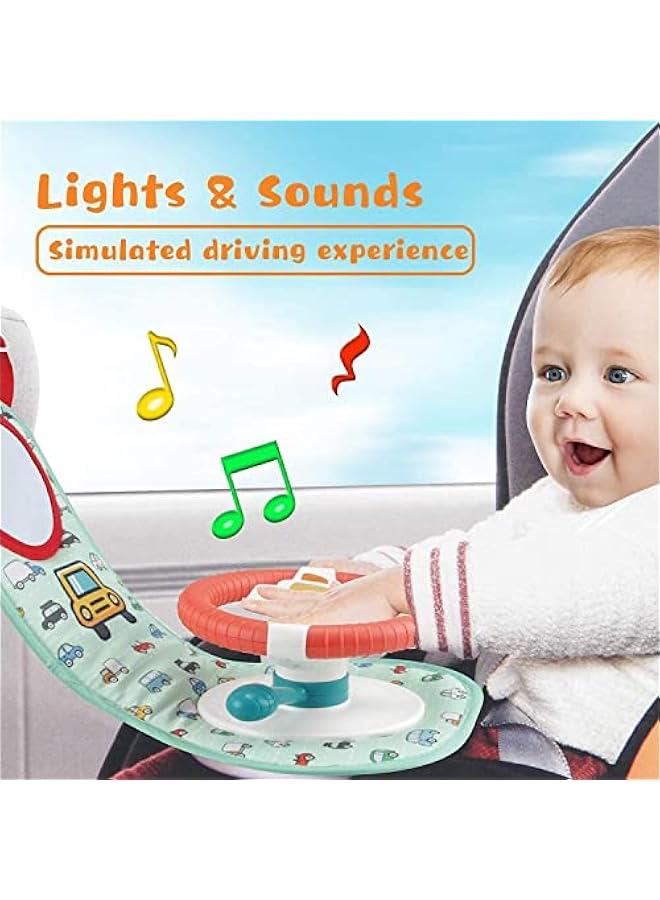 Baby Car Seat Toys for Infants, Baby Car Seat Toys with Mirror, Steering Wheel Toys with Music Lights and Driving Sounds, Child Driver Role Play Game