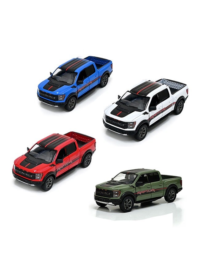 Pack of 4 Diecast Metal 2022 Ford F-150 Raptor Pickup Truck Die Cast Metal Doors Openable Pull Back Action Toy-Assorted Colours