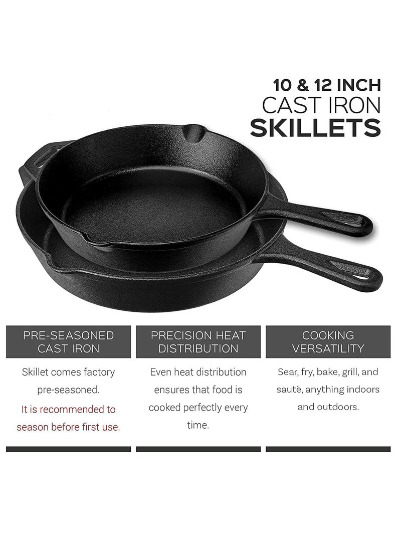 2 Pcs 10” and 12 Inch Round Pre-Seasoned Skillet Cast Iron Frying Pans Set - Black