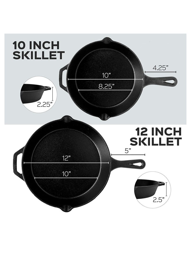 2 Pcs 10” and 12 Inch Round Pre-Seasoned Skillet Cast Iron Frying Pans Set - Black