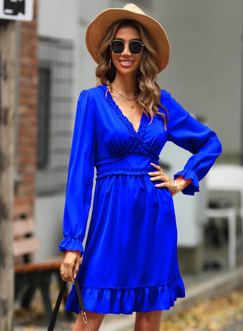 Blue Plain/Basic Long Sleeve Dress