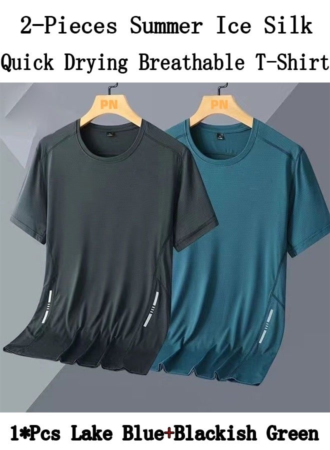 2-Pieces Summer Ice Silk Quick Drying Breathable T-Shirt,Trendy Sports Casual Loose Short Sleeve