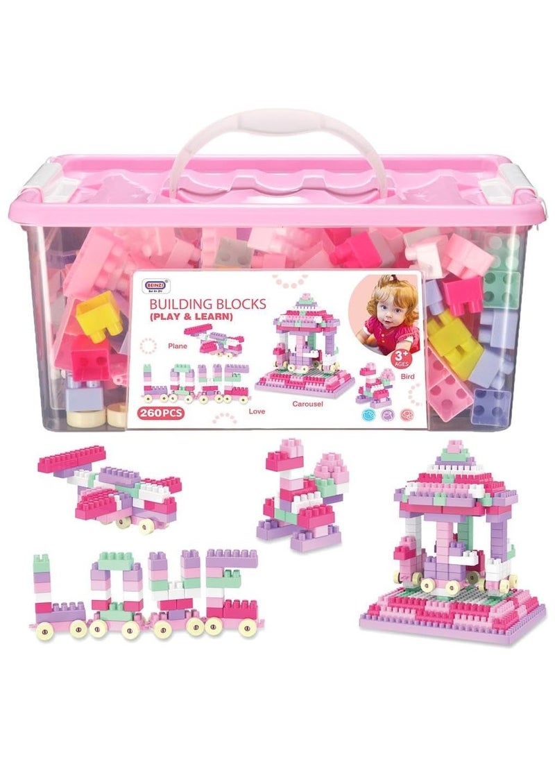 Home Smart Building Blocks Play and Learning for Toddlers Assorted Color Plastic Blocks of 260 PCs Kids Educational Build Playing Toy Pink