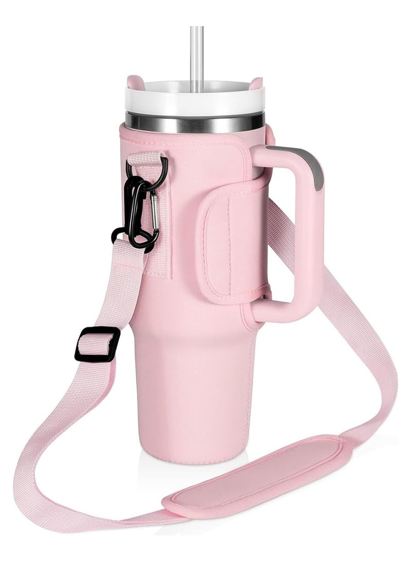 Water Bottle Carrier Bag Compatible with Stanley 40oz Tumbler with Handle,Adjustable Shoulder Strap Bottle Holder Pouch for Stanley Cup Accessories, for Hiking Travelling Camping (Pink)