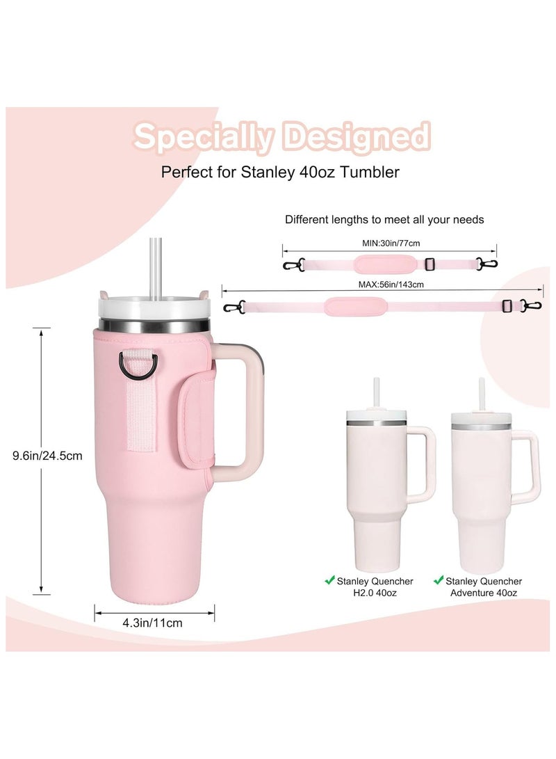 Water Bottle Carrier Bag Compatible with Stanley 40oz Tumbler with Handle,Adjustable Shoulder Strap Bottle Holder Pouch for Stanley Cup Accessories, for Hiking Travelling Camping (Pink)