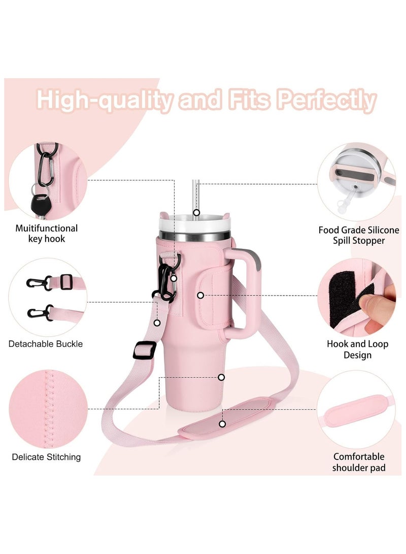 Water Bottle Carrier Bag Compatible with Stanley 40oz Tumbler with Handle,Adjustable Shoulder Strap Bottle Holder Pouch for Stanley Cup Accessories, for Hiking Travelling Camping (Pink)