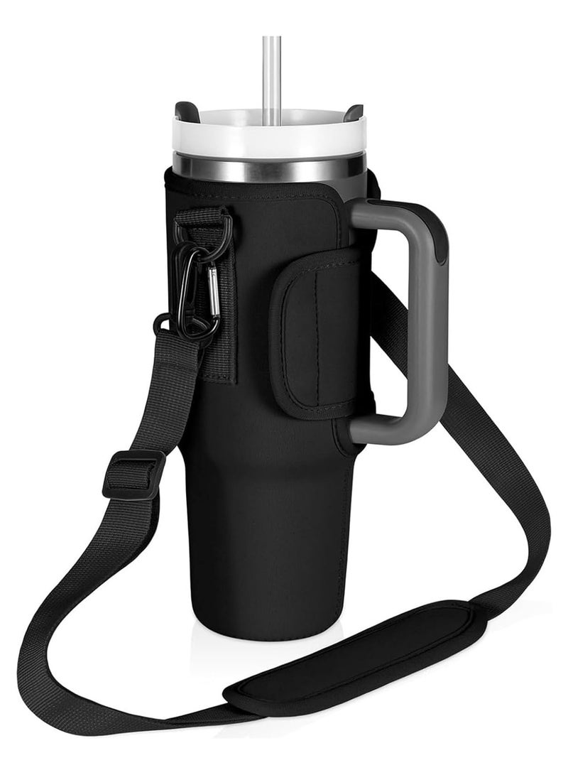 Water Bottle Carrier Bag Compatible with Stanley 40oz Tumbler with Handle,Adjustable Shoulder Strap Bottle Holder Pouch for Stanley Cup Accessories, for Hiking Travelling Camping (Black)