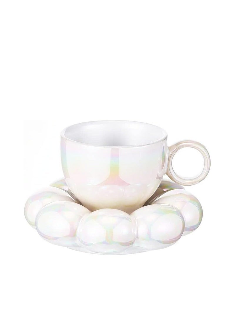 Ceramic Cloud Mug, 7oz Creative Cup, Ceramic Coffee Mug, Flower Cup, Pearl Cup with Saucer Set or Office Home Coffee Tea Latte Milk, Women Girlfriend Birthday