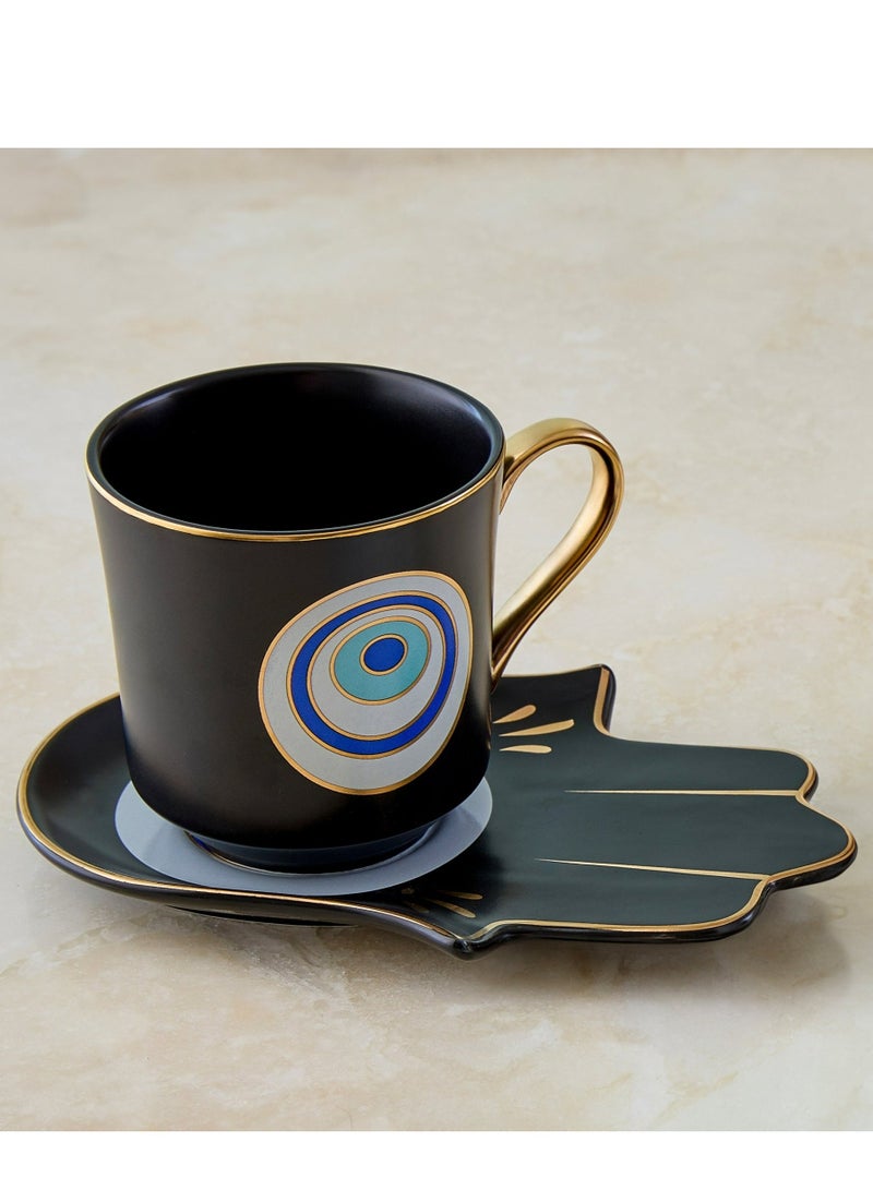 Luxurious Black Evil Eye Mug with Hamsa Saucer - Protection Infused Beverage Experience
