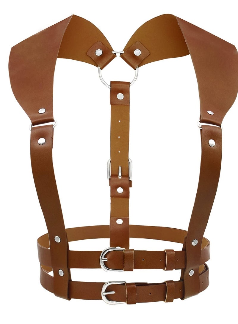 Adjustable Punk Waist Harness Belt for Women, Vintage PU Leather Rock Belt with Buckles, Perfect for Cosplay and Rave Parties (Brown)