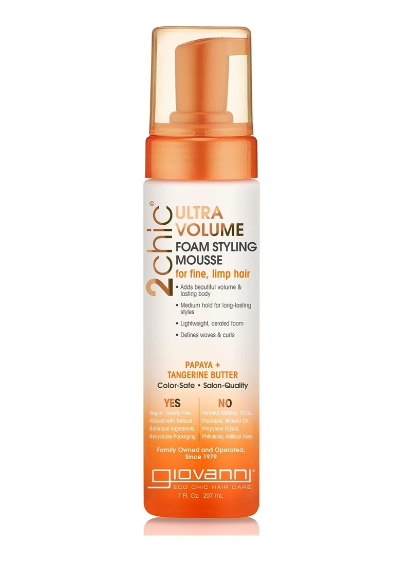 GIOVANNI 2chic Ultra-Volume Foam Styling Mousse, 7 oz. - Daily Volumizing Formula with Papaya & Tangerine Butter, Promotes Weightless Control for Fine Limp Thin Hair, No Parabens, Color Safe