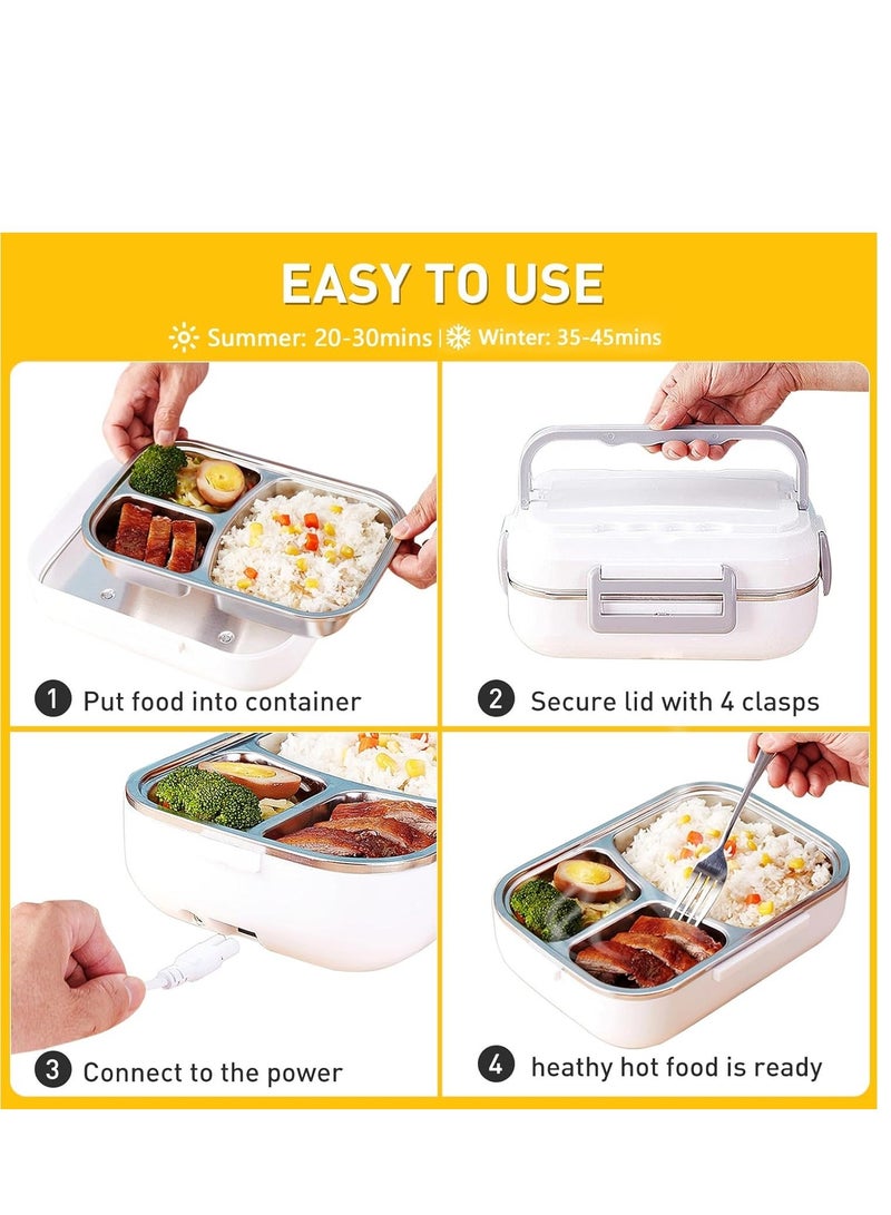 Electric Lunch Box Food Heater Portable Food Warmer with Carrying Bag Fork  Spoon- Lunch Box Warmer Portable for Work Car Truck 1.5L Crockpot Lunch Warmer 60W 12V/24V/110V White