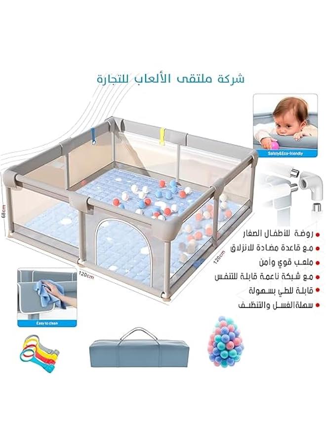 Baby Playpen, Indoor & Outdoor Play Pen for Kids Activity, Breathable Mesh & Gates, Anti-Slip Base, Sturdy Safety Fence for Infants, Size 120x120x68cm