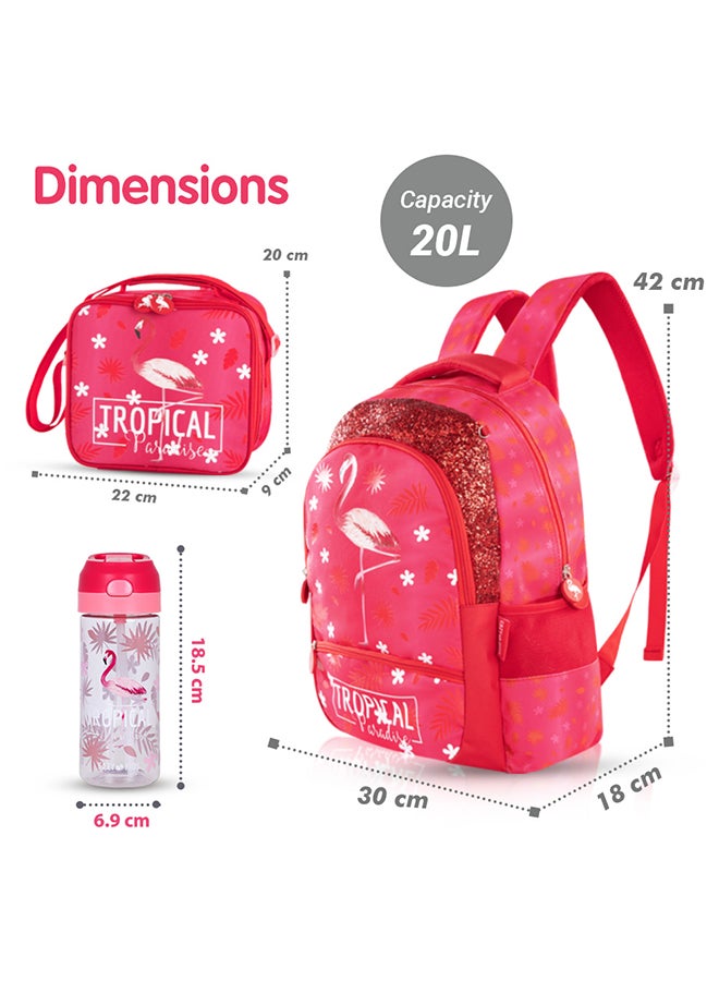 17 Inch Set Of 4 School Bag With Tritan Water Bottle 420ml, Lunch Bag And Pencil Case - Tropical Pink