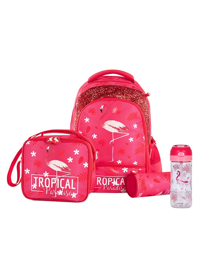 17 Inch Set Of 4 School Bag With Tritan Water Bottle 420ml, Lunch Bag And Pencil Case - Tropical Pink