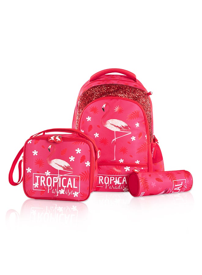 17 Inch Set Of 4 School Bag With Tritan Water Bottle 420ml, Lunch Bag And Pencil Case - Tropical Pink