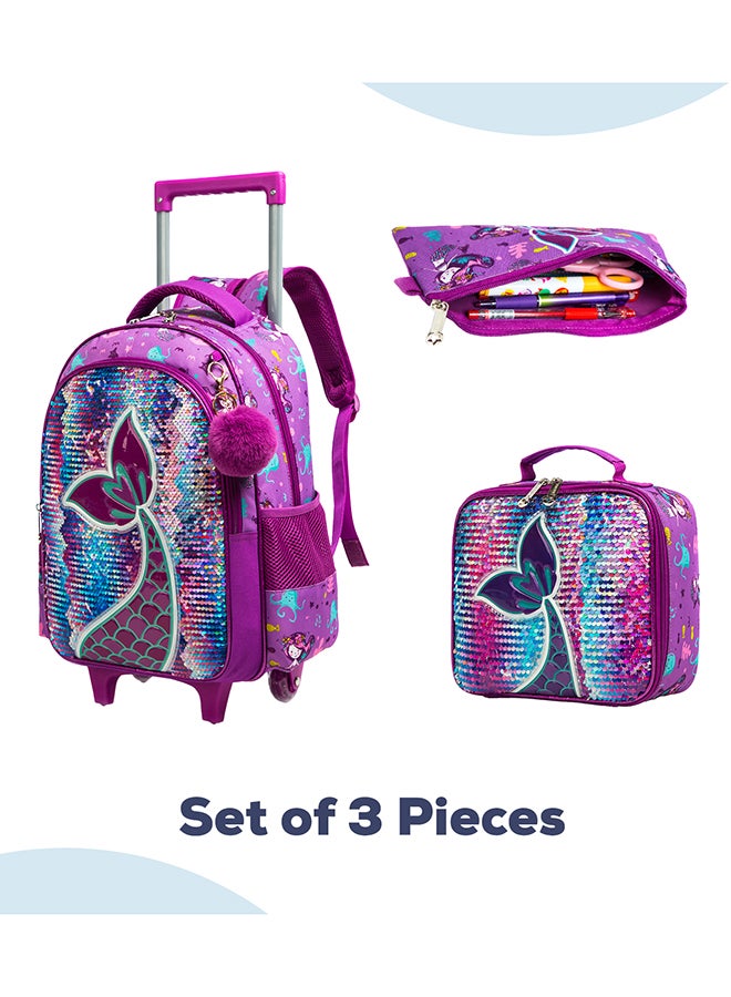 18 Inches Set Of 5 Trolley School Bag With Glitter Bento Box Glitter, Water Bottle 550 ml, Lunch Bag And Pencil Case - Mermaid Purple