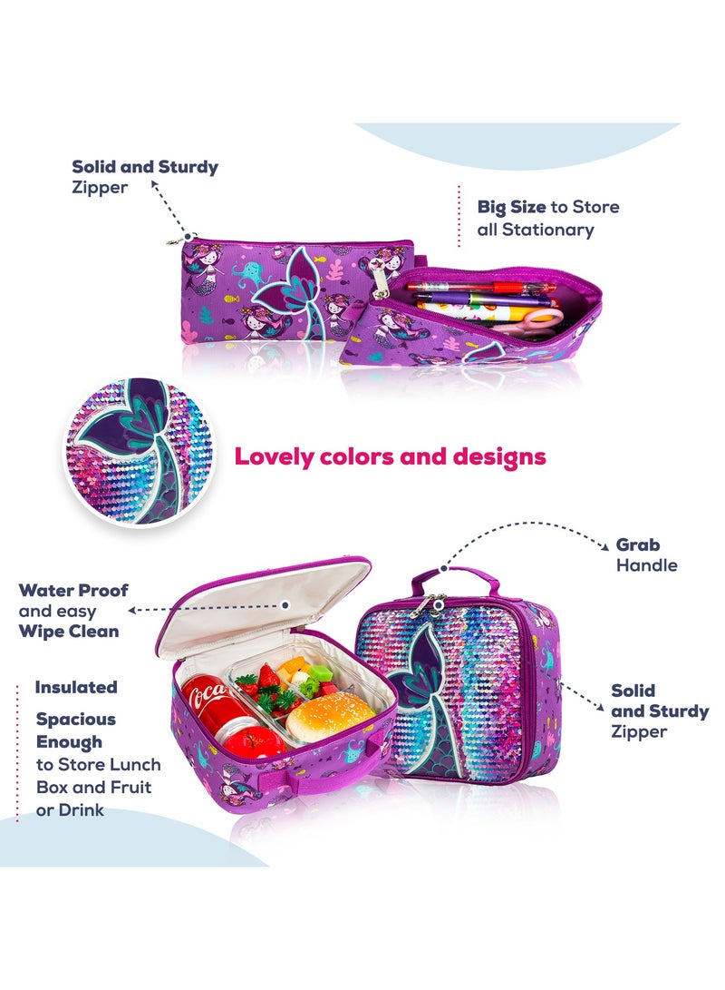 18 Inches Set Of 5 Trolley School Bag With Glitter Bento Box Glitter, Water Bottle 550 ml, Lunch Bag And Pencil Case - Mermaid Purple