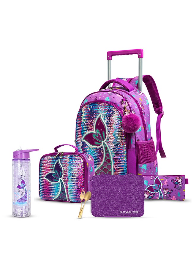 18 Inches Set Of 5 Trolley School Bag With Glitter Bento Box Glitter, Water Bottle 550 ml, Lunch Bag And Pencil Case - Mermaid Purple