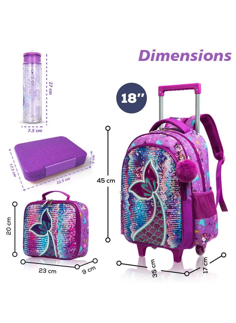 18 Inches Set Of 5 Trolley School Bag With Glitter Bento Box Glitter, Water Bottle 550 ml, Lunch Bag And Pencil Case - Mermaid Purple