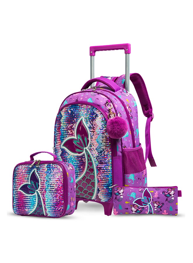 18 Inches Set Of 5 Trolley School Bag With Glitter Bento Box Glitter, Water Bottle 550 ml, Lunch Bag And Pencil Case - Mermaid Purple