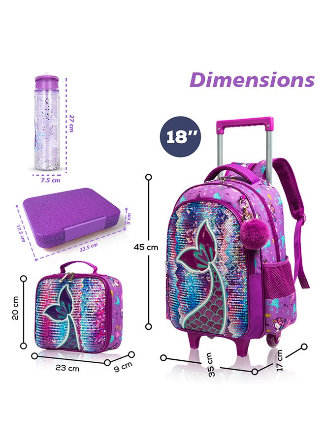 18 Inches Set Of 5 Trolley School Bag With Glitter Bento Box Glitter, Water Bottle 550 ml, Lunch Bag And Pencil Case - Mermaid Purple