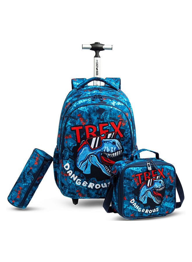 18 Inch Set Of 4 Trolley School Bag With Bento Lunch Box, Lunch Bag And Pencil Case - TREX Dinosaur - Blue