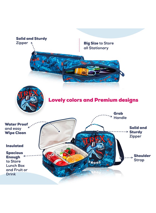 18 Inch Set Of 4 Trolley School Bag With Bento Lunch Box, Lunch Bag And Pencil Case - TREX Dinosaur - Blue