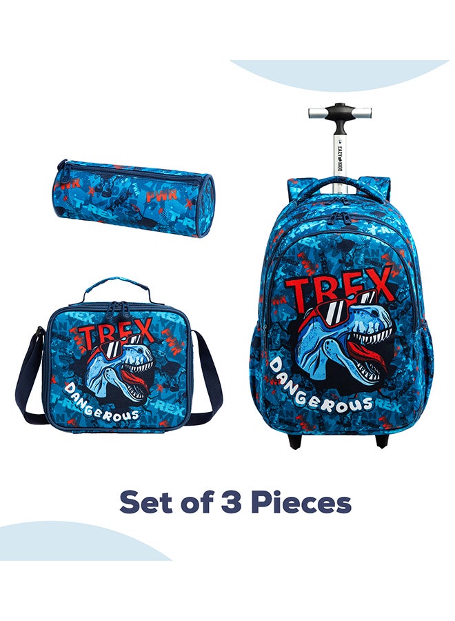 18 Inch Set Of 4 Trolley School Bag With Bento Lunch Box, Lunch Bag And Pencil Case - TREX Dinosaur - Blue