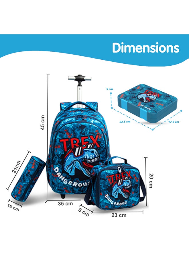 18 Inch Set Of 4 Trolley School Bag With Bento Lunch Box, Lunch Bag And Pencil Case - TREX Dinosaur - Blue