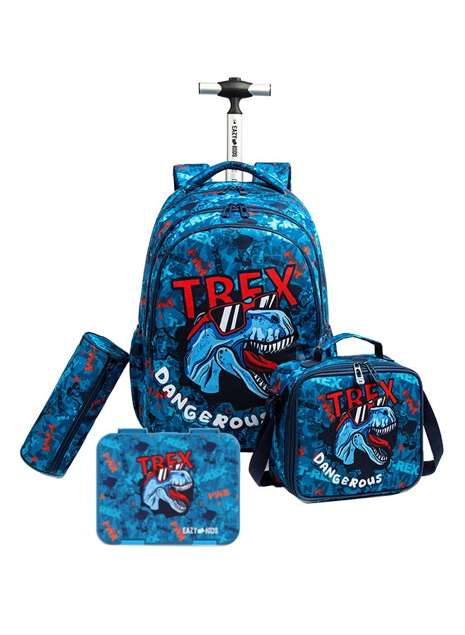 18 Inch Set Of 4 Trolley School Bag With Bento Lunch Box, Lunch Bag And Pencil Case - TREX Dinosaur - Blue