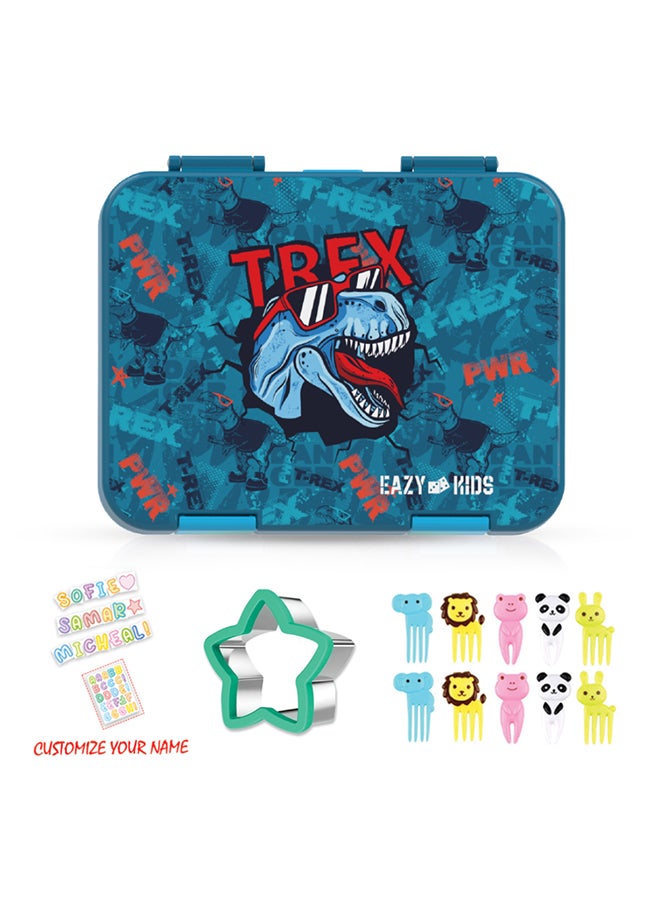 18 Inch Set Of 4 Trolley School Bag With Bento Lunch Box, Lunch Bag And Pencil Case - TREX Dinosaur - Blue