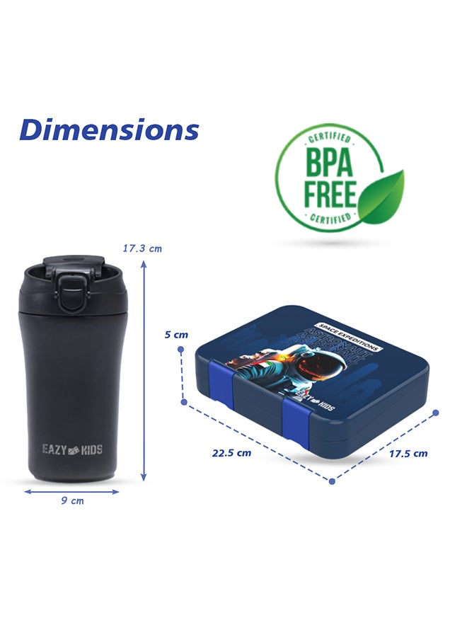 4 And 6 Convertible Compartment Bento Lunch Box With Stainless Steel Water Bottle 400 ML, Sandwich Cutter Set - Space UAE Blue