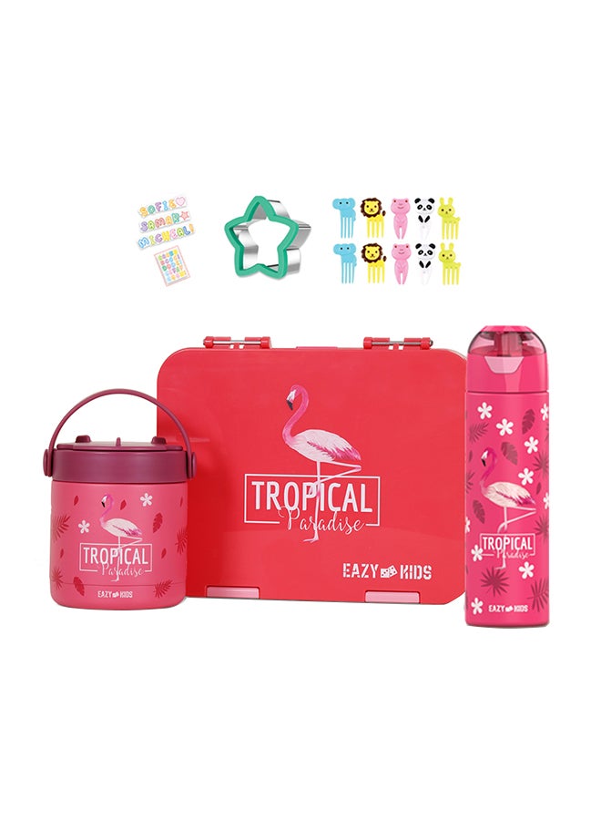 6 And 4 Convertible Compartment Bento Lunch Box With Stainless Steel Water Bottle 640 ML, Sandwich Cutter Set And Food Jar - Tropical Pink