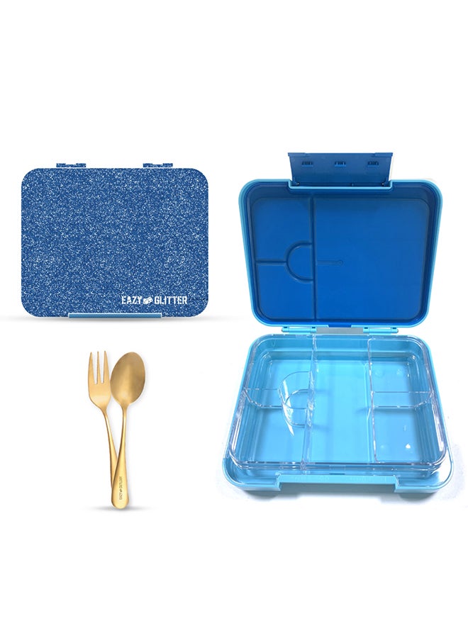 6 And 4 Convertible Compartment Bento Lunch Box With Stainless Steel Water Bottle 530 ML And Spoon Fork Set - Glitter Blue