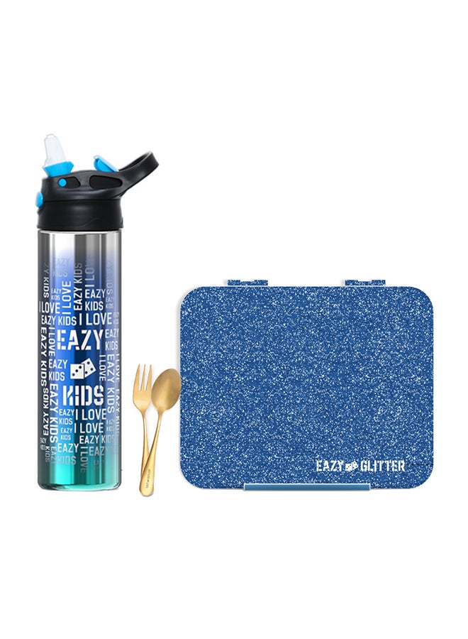 6 And 4 Convertible Compartment Bento Lunch Box With Stainless Steel Water Bottle 530 ML And Spoon Fork Set - Glitter Blue
