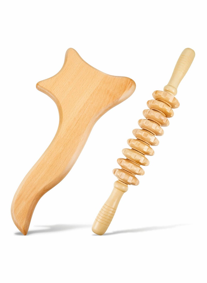 Handmade Wooden Gua Sha Tool Set for Facial and Body Massage - 2 Pieces Wood Scrapers and Rollers for Self-Care and Relaxation