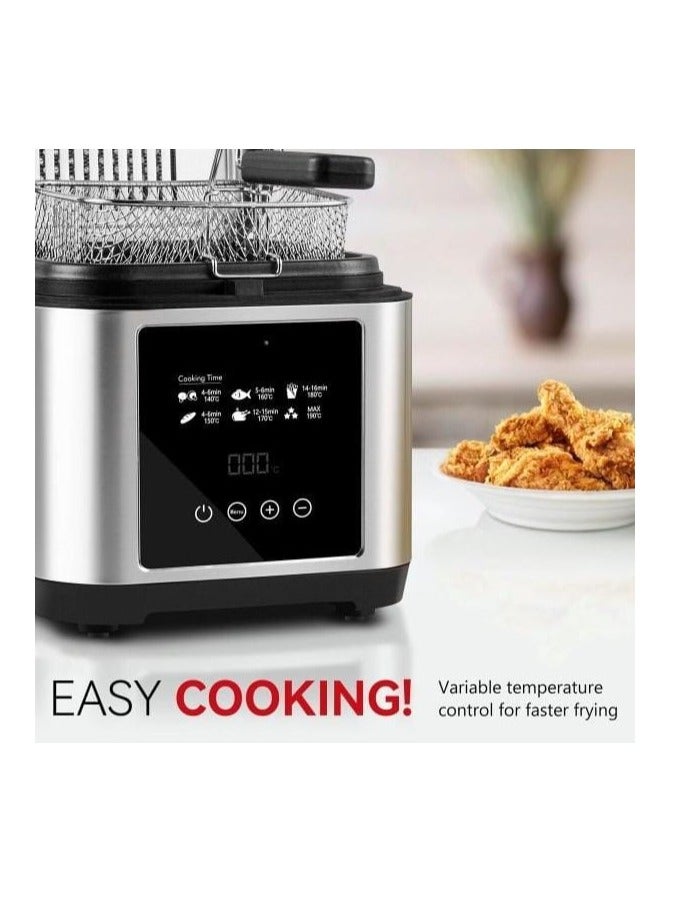 Digital Deep Fryer 2.5L 1200W Capacity with Over-Heat Protection, LED Touch Screen, 2-Hour Timer, Stainless Steel Body, Removable Lid, Large Viewing Window & Filter  Bullet Points